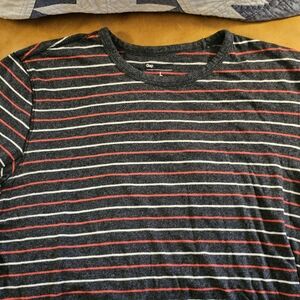 GAP Men's Charcoal and Red And White Striped Tee
